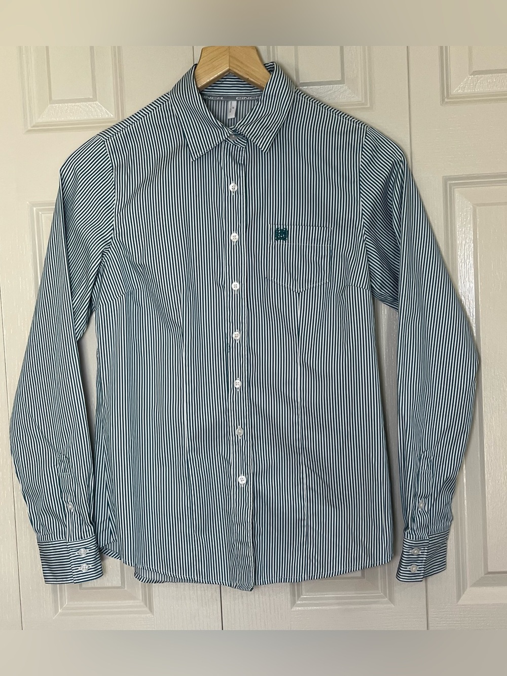 Cinch Women's Striped Green/White Long Sleeve Button-Down Western Shirt Size Med